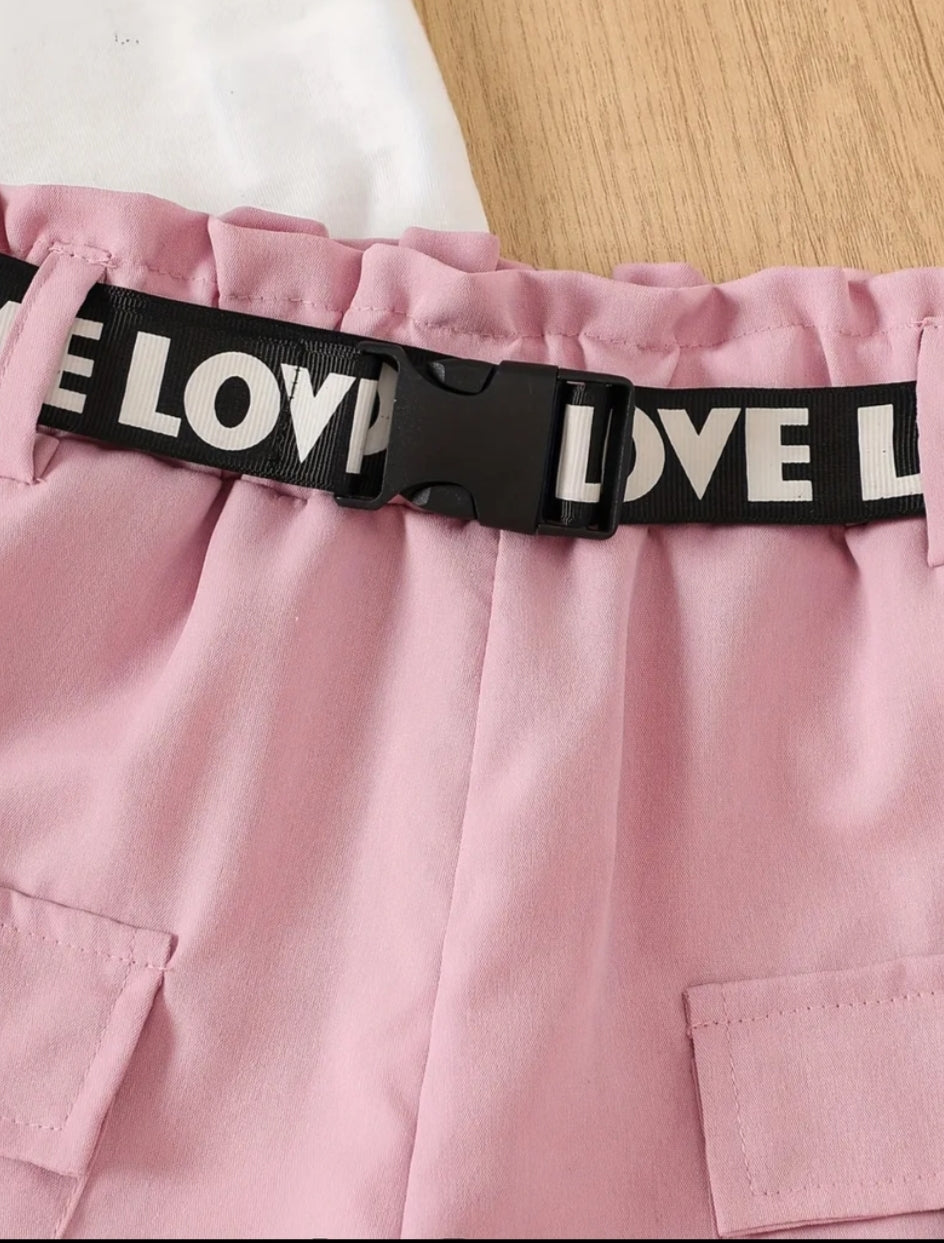Girl's Off-Shoulder Cartoon Girl Print T-Shirt + Pink "LOVE" Letter Embellished Cargo Shorts Set