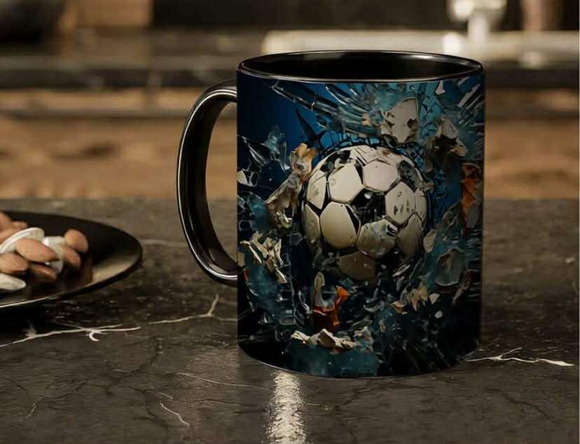 1 Pc 11 oz Science Fiction Soccer Theme Ceramic Mug/Coffee Cup, Full-Print Mugs With Football Shattering Glass Burst Splash Pattern Design