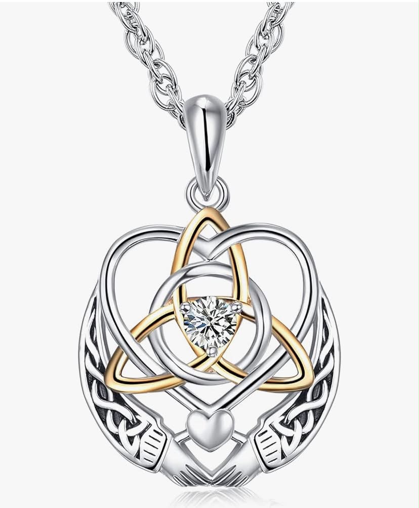 Claddagh Necklace for Women 925 Sterling Silver Celtic Knots Irish Heart Pendant Vintage Necklaces Irish Trinity Jewelry Gifts