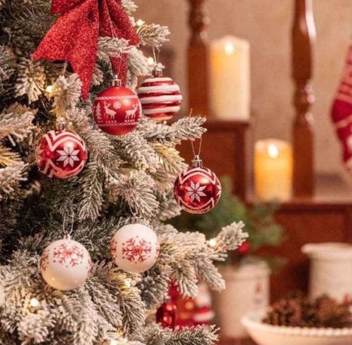 🎄12pcs Glitter Christmas Balls, Red And White Snowflake Spiral Pattern⛄