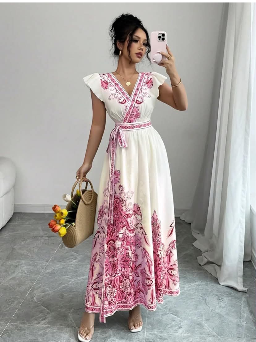 Women's Pink Floral Maxi Dress - V-Neck Ruffle Sleeve Belted Wrap Boho Long Dress
