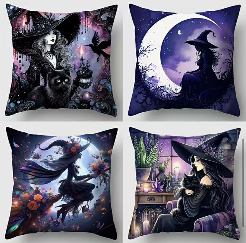 4 Purple-black Halloween Themed Printed Pillowcases Featuring Beautiful Witch and Black Cat Designs. Measuring 44.96x44.96 cm,