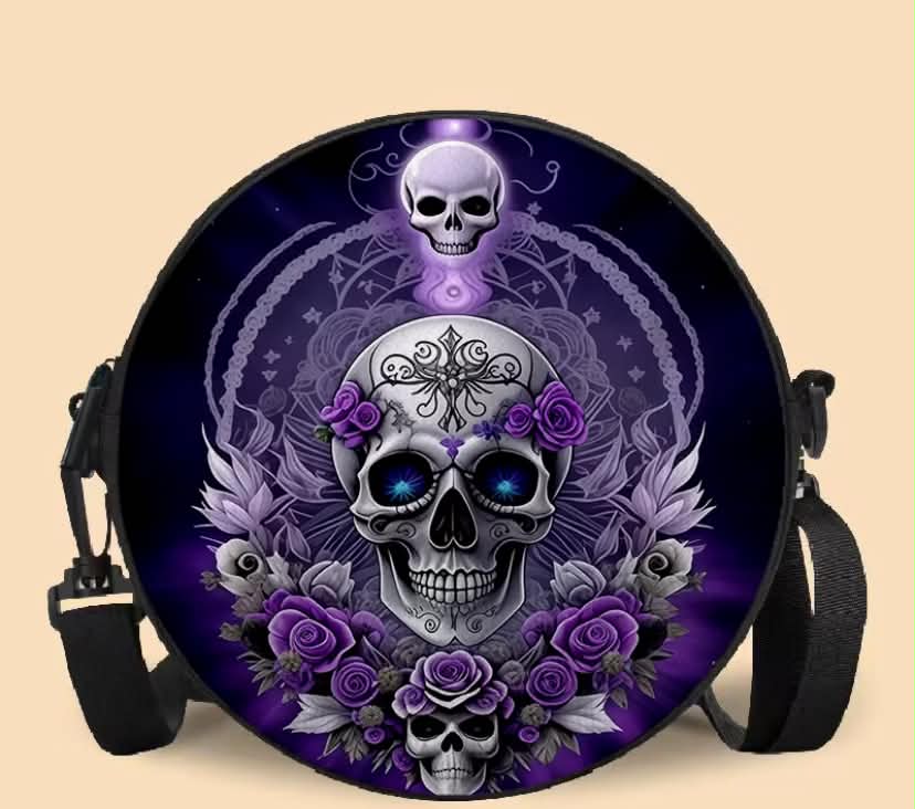 A Gothic-Themed Women'S Shoulder Bag Featuring a Skull And Purple Rose Design with 2D Printing, an Adjustable Strap, And a Zipper Closure. This Casual And Stylish Crossbody Bag Serves As a Fun Accessory with a Sturdy Lining