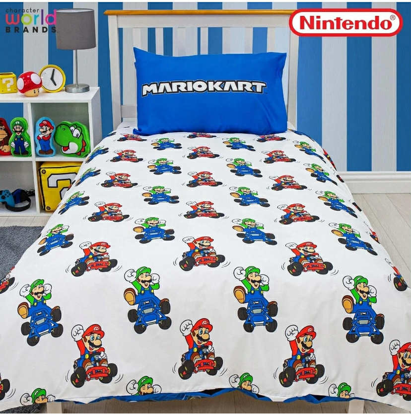 Nintendo Super Mario Kart Official Single Duvet Cover Bed Set Checkers Design