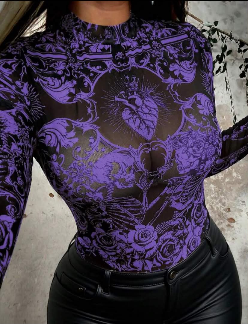 Plus Size Punk Rock Goth Black And Red Skull & Rose Graphic Print See-Through Mesh Blouse,Autumn Night Out Club Long Sleeve Crew Neck Mesh Overlay