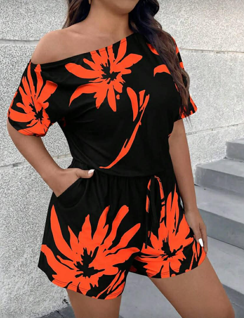 Floral Printed Asymmetrical Neck Short Sleeve Romper