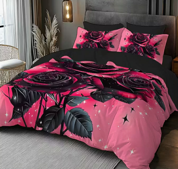 Purple Rose Series, All-Season Black Base Romantic Floral Pattern Bedding, Made with Ultra-Soft Brushed Digital Printing, Unfilled Fabric, Wrinkle-Free Polyester Material