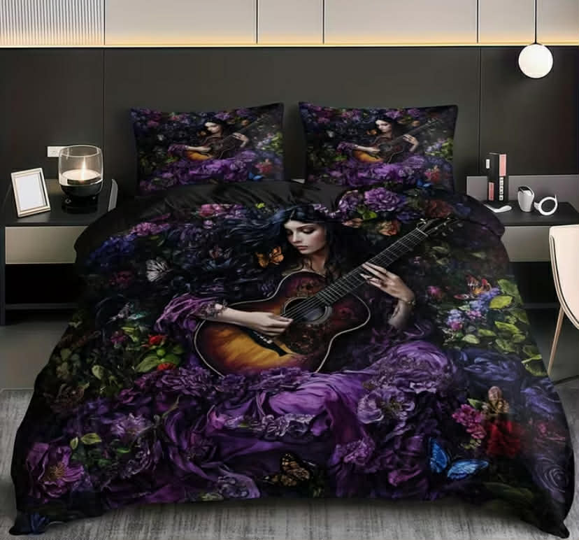 Guitar Fairy Duvet Covers, Featuring a Dark Floral Design, Fantasy