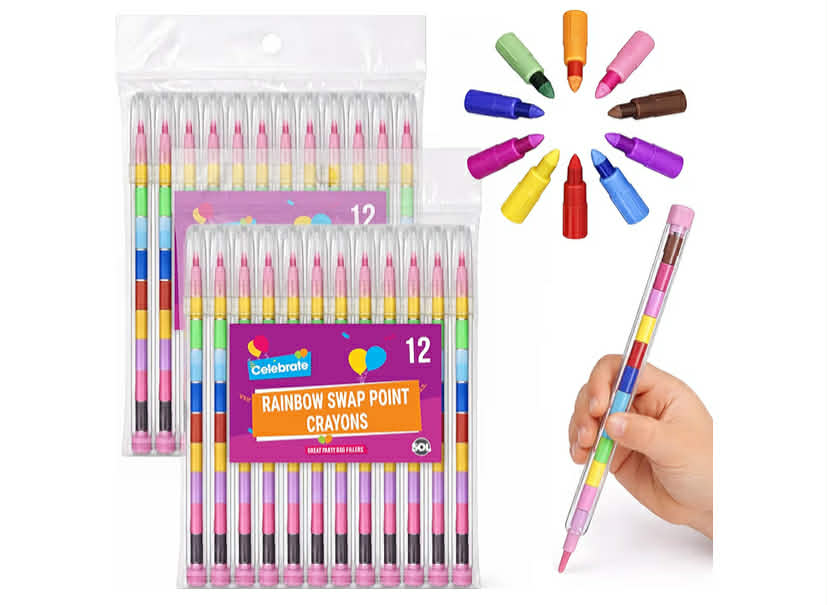 24pk Rainbow Swap Point Crayons, Twistable Crayons for Party Bags, 10 Assorted Stacking Colour, No Sharpening Required, Durable & Child-Friendly Mess-Free Colouring, Ideal Party Favour & Fillers