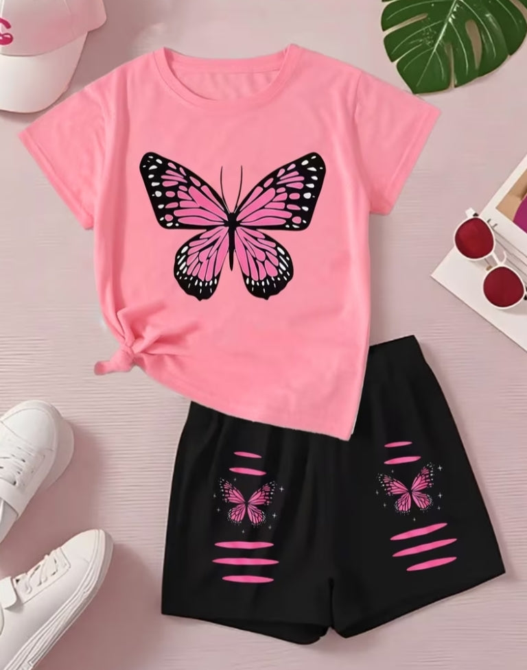 Creative "Striped Butterfly" Print Pattern, Summer Suit Trendy Girl Outfit, Soft Sports Casual Short-Sleeved Shorts