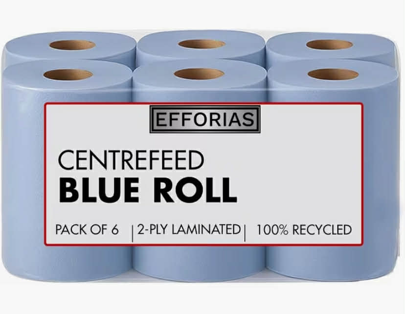 6 pcs Blue Rolls 2 Ply 100m, Centrefeed Blue Roll, Strong & Absorbent Blue Kitchen Rolls,