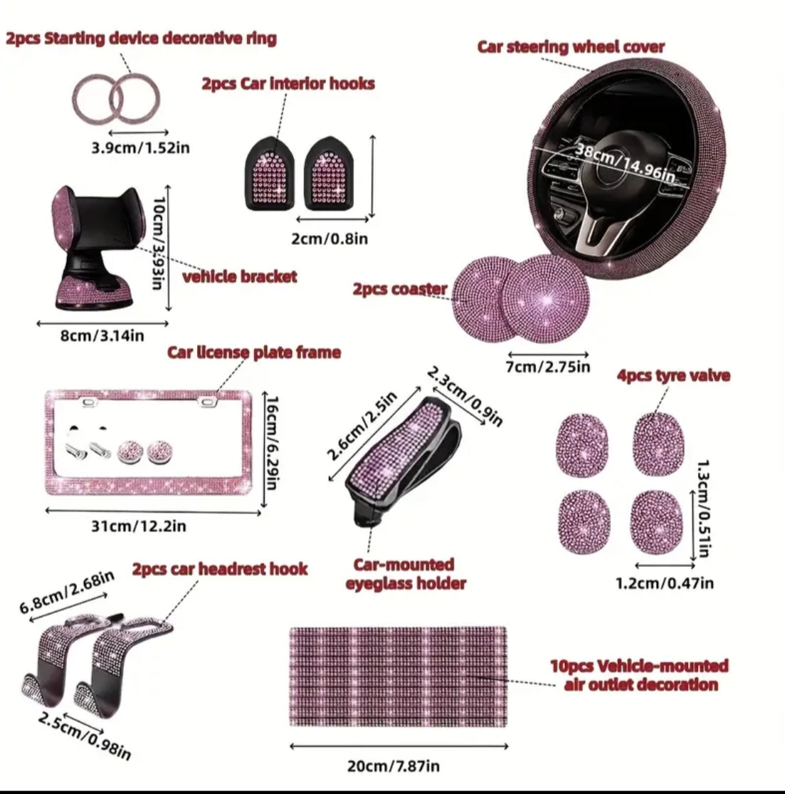 26 pcs of diamond-encrusted interior car accessories, including steering wheel covers, phone holders, license plate frames, car hitches, water cup pads, one-key start rings, air vent decorative strips, etc.