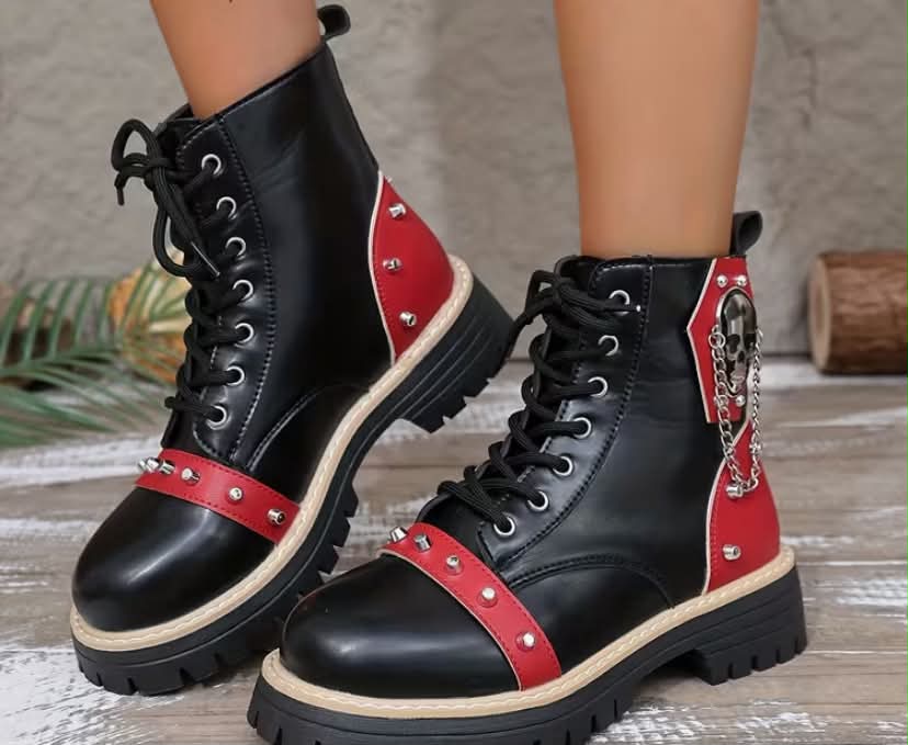 Western Combat Boots for Women, Plus Size, European/American Punk Style, Streetwear, Platform Sole with Studs, Round Toe, Lace-Up Ankle Boots, Women Shoes