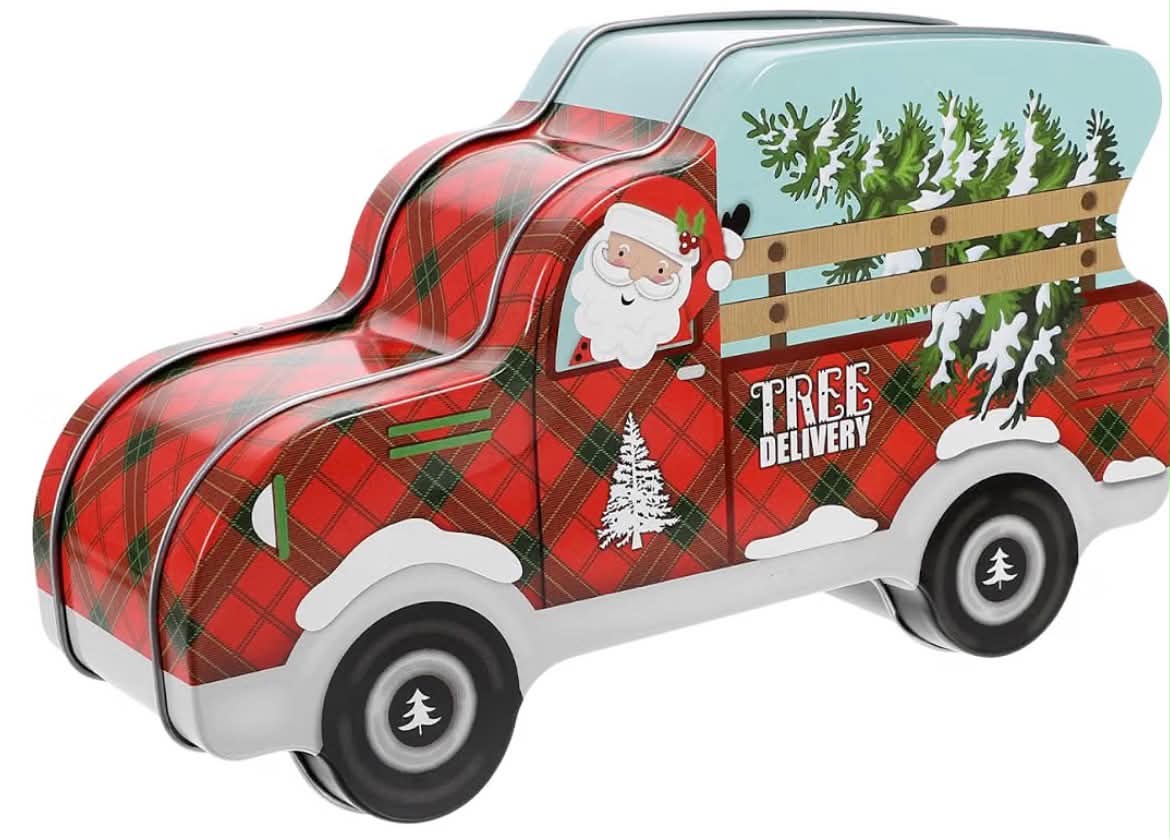 Christmas Candy Box Car Shaped Cookie Tin Metal Biscuit Storage Container Xmas Treats Box with Lid 7.5X4.3X2.6 Inch