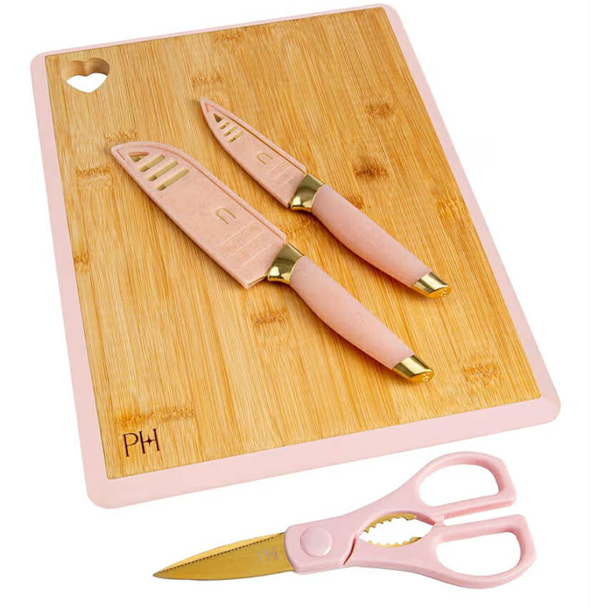 Paris Hilton 6 Piece Knife Set, Stainless Steel, Bamboo Cutting Board