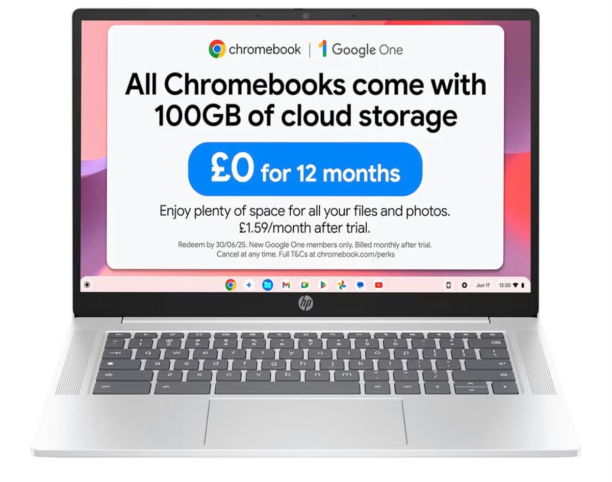 HP Chromebook 14" Intel N100 Processor 8 GB RAM 128 GB Flash Storage Intel UHD Graphics FHD Display Up to 12.25 Hours Battery Chrome OS Dual Speakers Glacier Silver