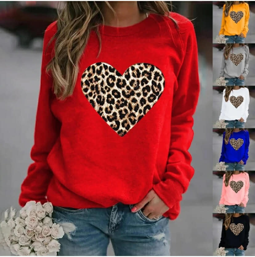 Ladies Pullover Long Sleeve HEART Sweatshirt Women Casual Crew Neck Jumper Top
