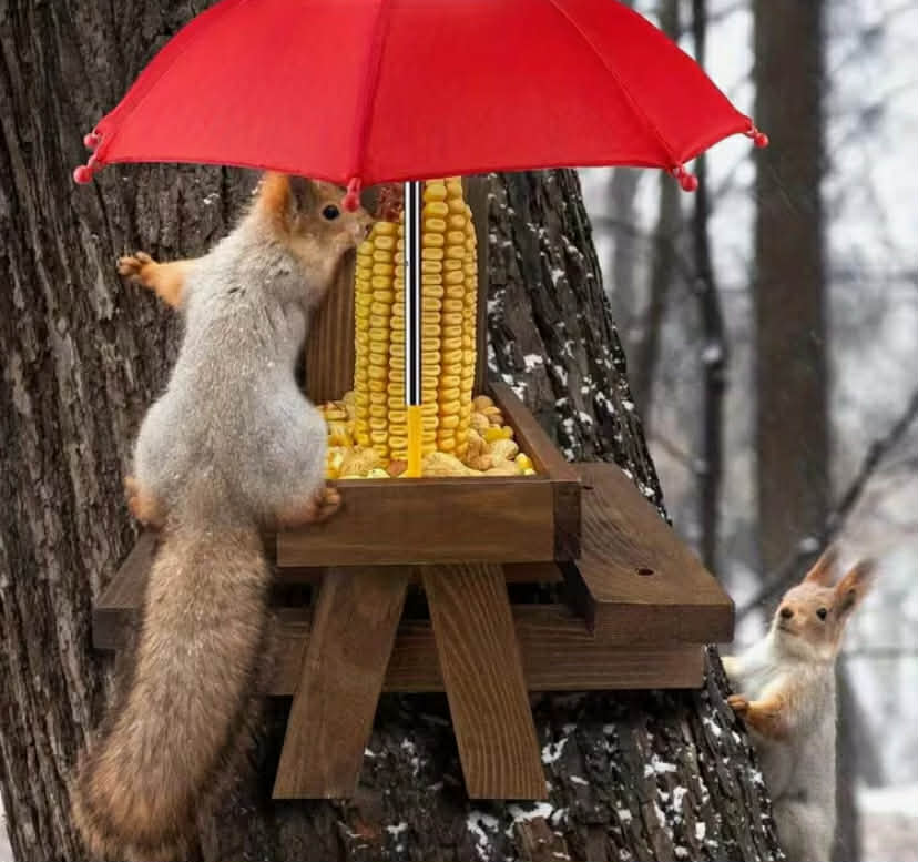 Wooden Squirrel Picnic Table Feeder with Umbrella, Durable Squirrel Feeder Corn Cob Holder