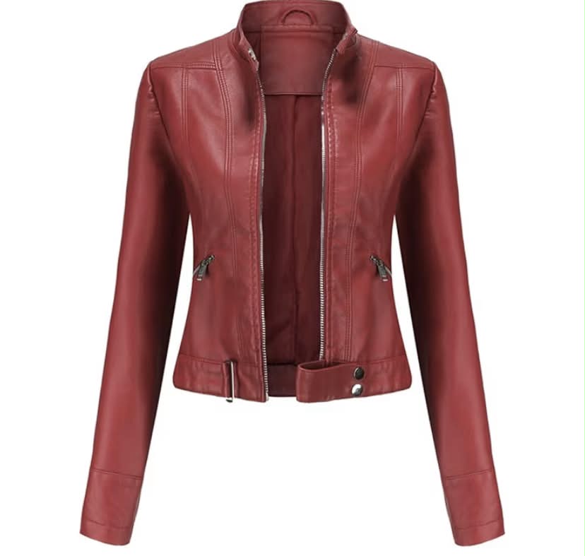 Women Classic Faux Leather PU Moto Biker Jacket Short Slim Fit Casual Zip Up Coat