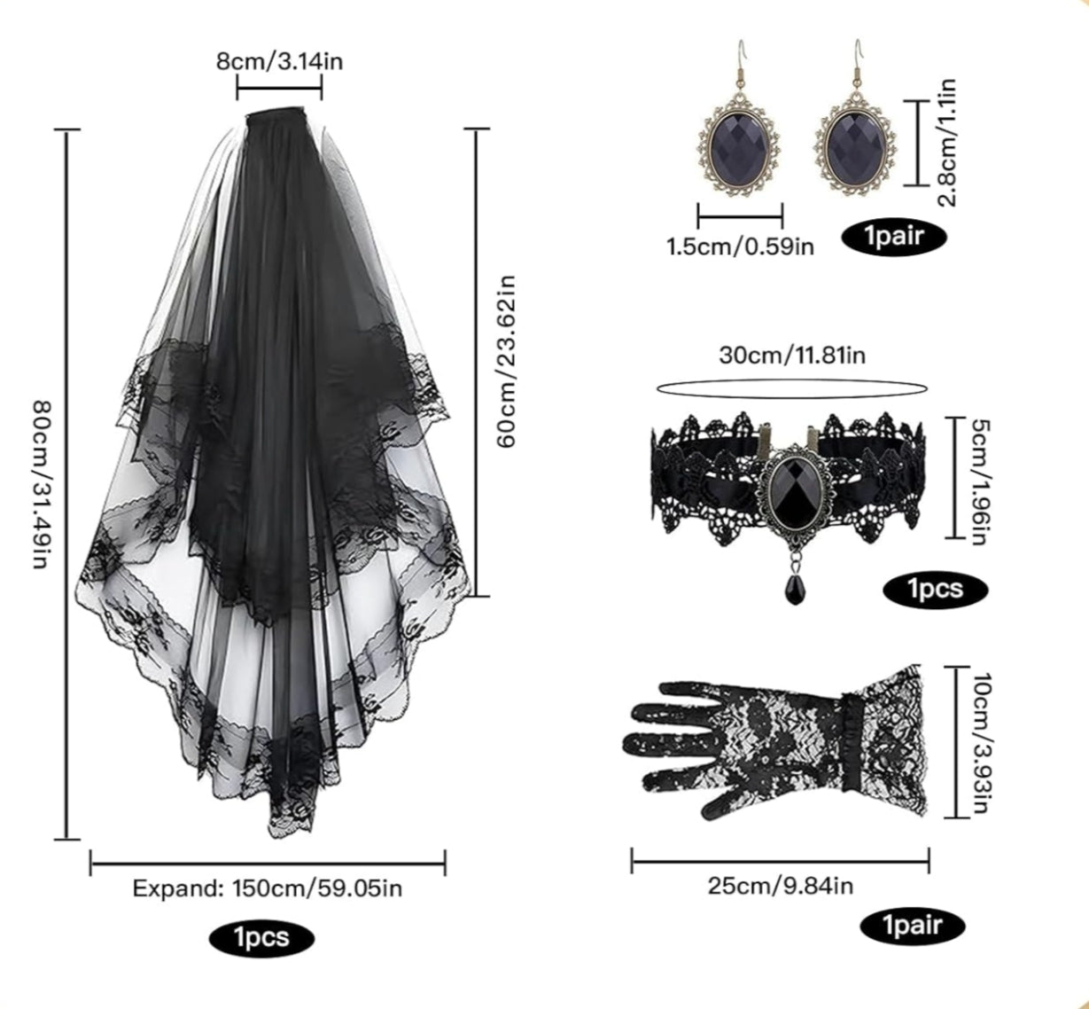 Black Bride Veil for Women, 4 Pack Halloween Costume Set, Adjustable Ladies Necklace, Printing Tulle Lace Gloves and a Pair of Earring for Halloween Costume