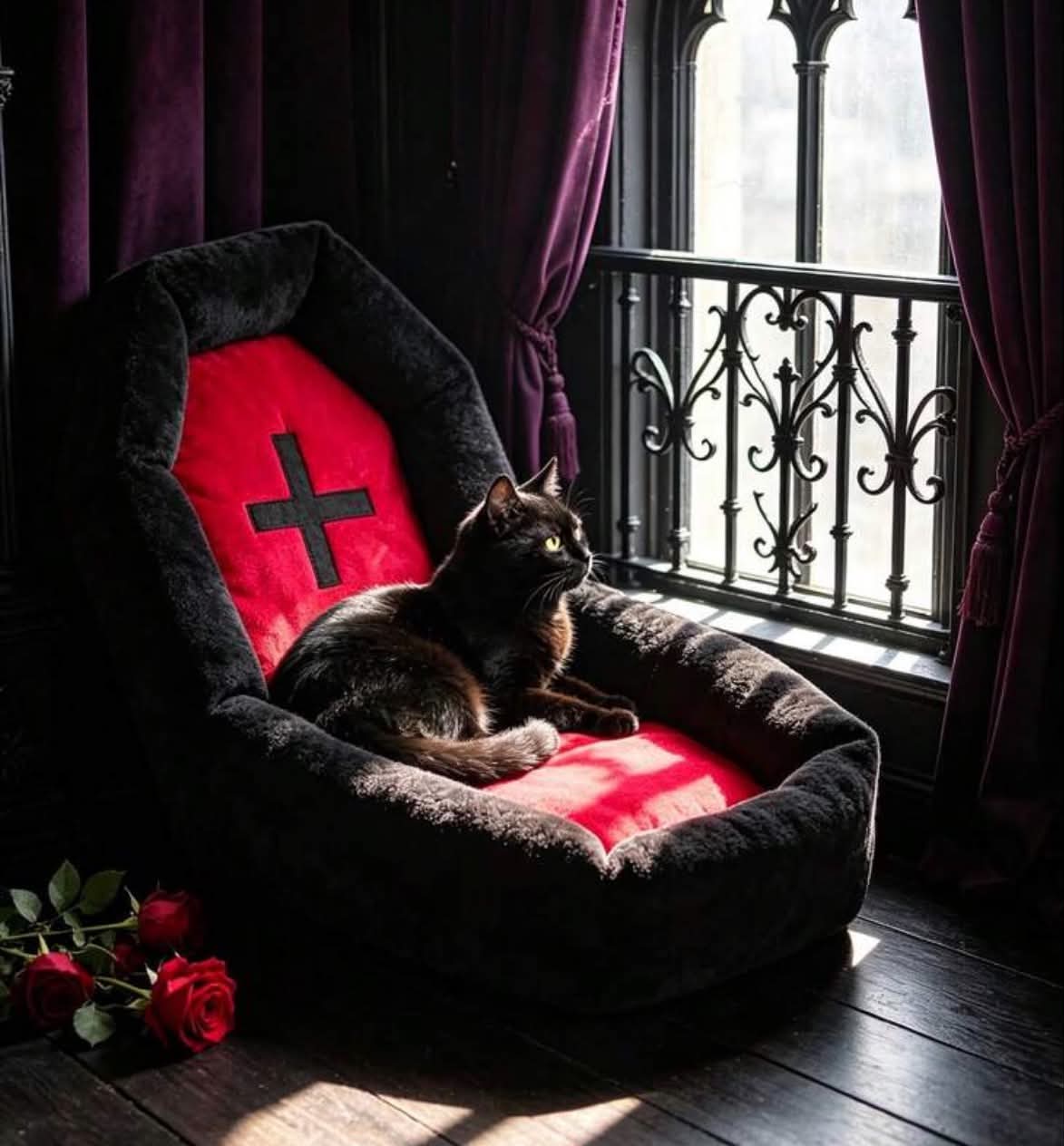 Gothic Coffin Shaped Pet Cat Bed, Soft Plush Warm Mat Bed, Cross Embroidery, Halloween Theme Anti-Slip Sleeping Nest, Suitable For Kittens And Young Cats