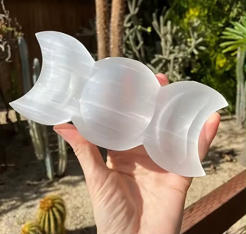 Selenite Triple Moon Bowl - Natural Jade Stone Ornament,