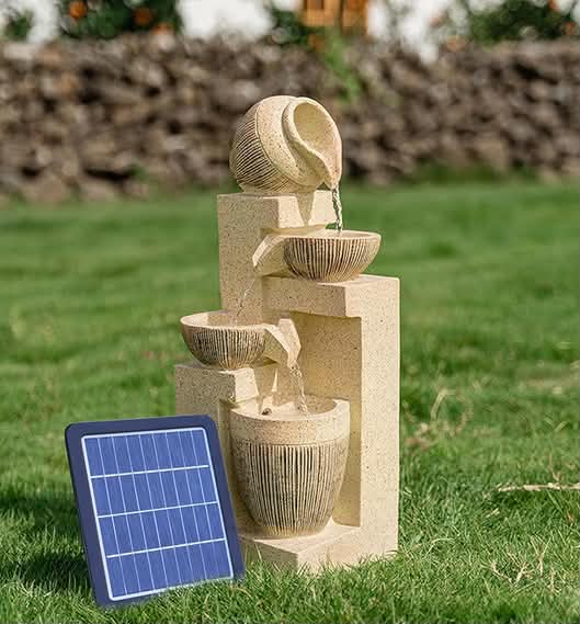Warmiehomy Solar Powered Garden Water Feature Cascading Yellow Bowl Solar Water Fountain with Lights,Outdoor Garden Water Fountain Decorative Solar Waterfall Outdoor Garden Ornaments for Yard Decor