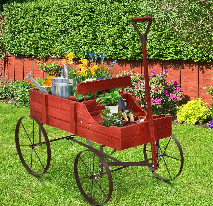 Wooden Wagon Garden Planter, Flower Cart with Long Handle and Flexible Wheels, Outdoor & Indoor Decorative Wheelbarrow Flower Pot Stand