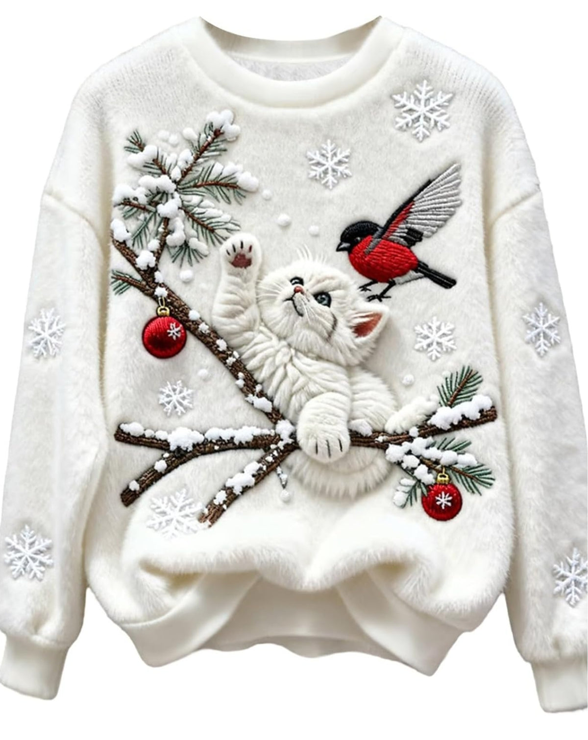 Ladies Christmas Sweatshirt Snowflakes with a cat Printed