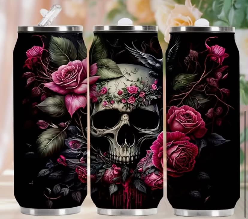 1 pc 500ml Double-Wall Vacuum Insulated Stainless Steel Cup with Lid and Straw - Gothic Rose and Skull Design, Keeps Drinks Hot or Cold for Hours