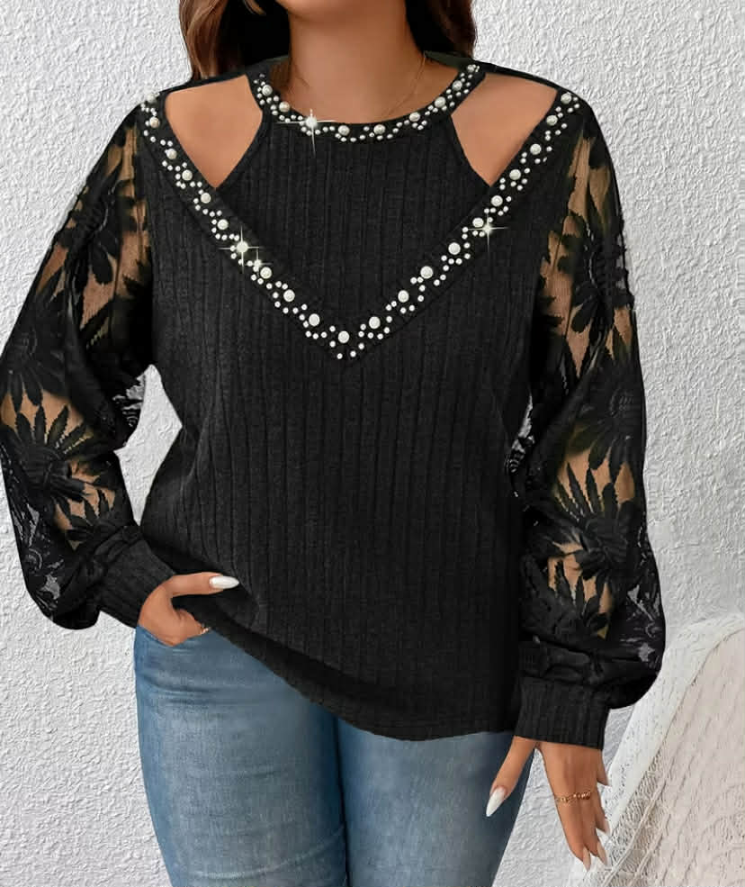 Women'S Top, New European And American Fashion Spring And Summer Black Faux Two-Piece Lace Spliced Beaded Long Sleeve T-Shirt