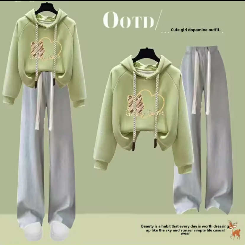 Stylish Women's Spring Autumn Hooded Sweatshirt Loose-Fit Top 2-Piece Set