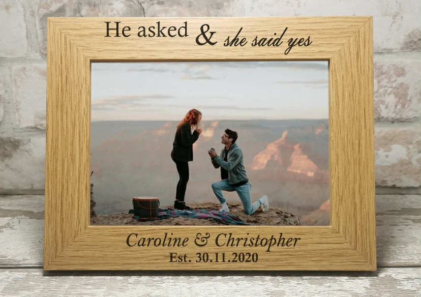 He asked - She said Yes Personalised Engagement Photo Frame ENGRAVED Gift | For