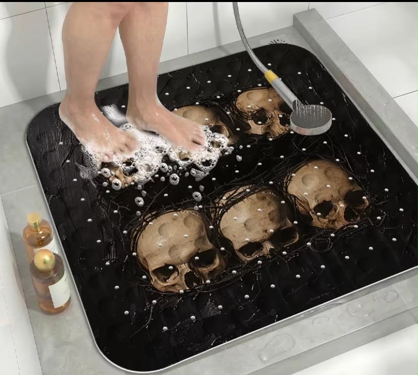 1 pc Skull Pattern Bath Mat 53.34x53.34 cm Massage Relief Machine Washable Non-Slip Suction Cup Design Bathroom Shower Bathtub Universal Foot Mat Home Decor