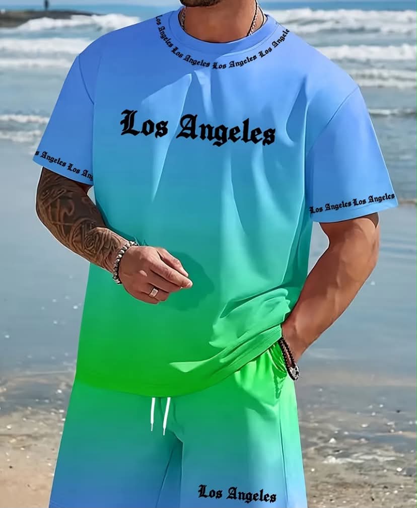 2 pcs, T-Shirt + Shorts, Los Angeles Print Gradient Casual Suit