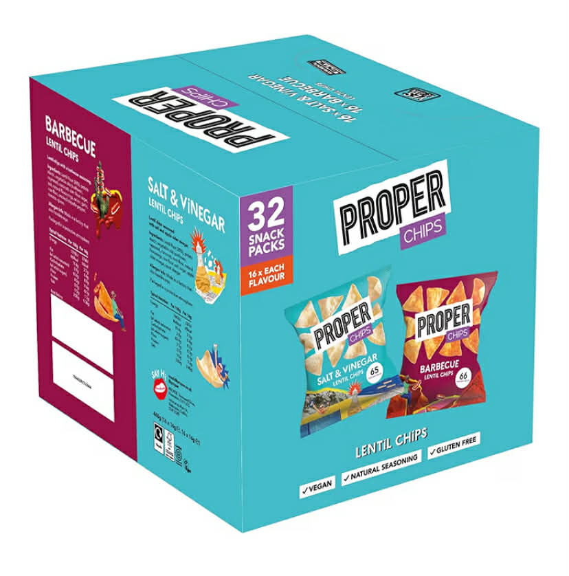 PROPER - Multipack Box, Barbecue and Salt & Vinegar Lentil Chips, Vegan, Gluten Free Snacks, 14g, 32 Packs, (16 bags of each flavour)
