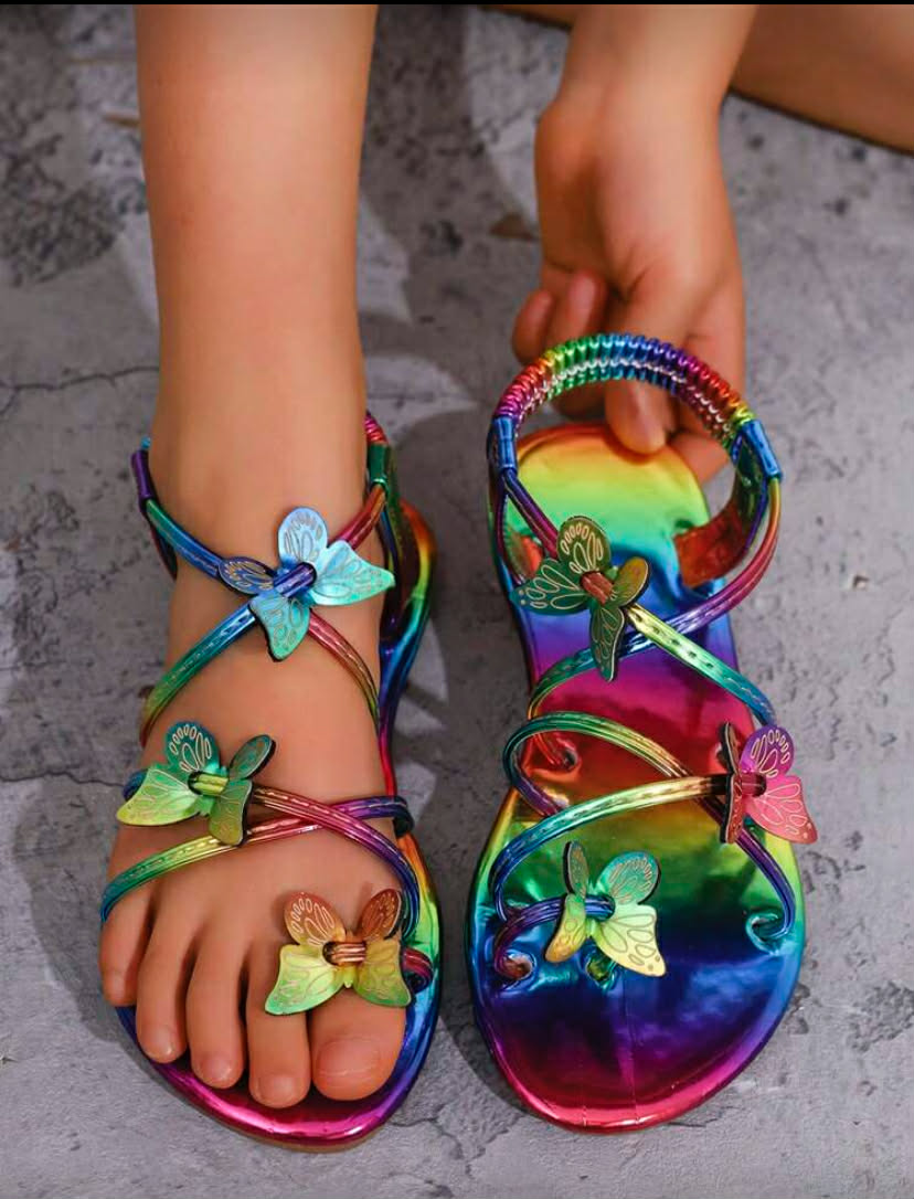 Summer New Set Toe Fashion Cross Strap Flat Round Toe Comfortable Non-Slip Elastic Buckle Butterfly Accessory Children's Beach Sandals