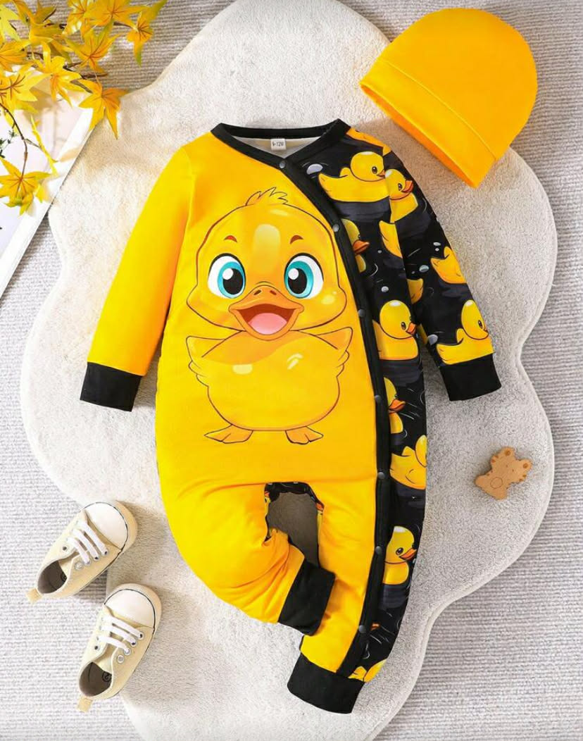 Baby Boy Duck Pattern Patchwork Long Sleeve Jumpsuit With Hat, Crawling Jumpsuit, Easy To Wear