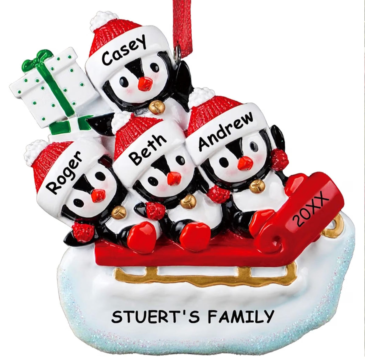 Personalised Family Penguin Christmas Ornament, Custom Resin Keepsake with Names & Year,