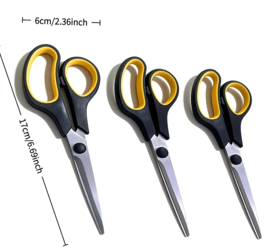 3 pcs Set, Black and Yellow Handle, High-Quality Stainless Steel Multi-Purpose Scissors, Comfortable Grip, Suitable for All Users.