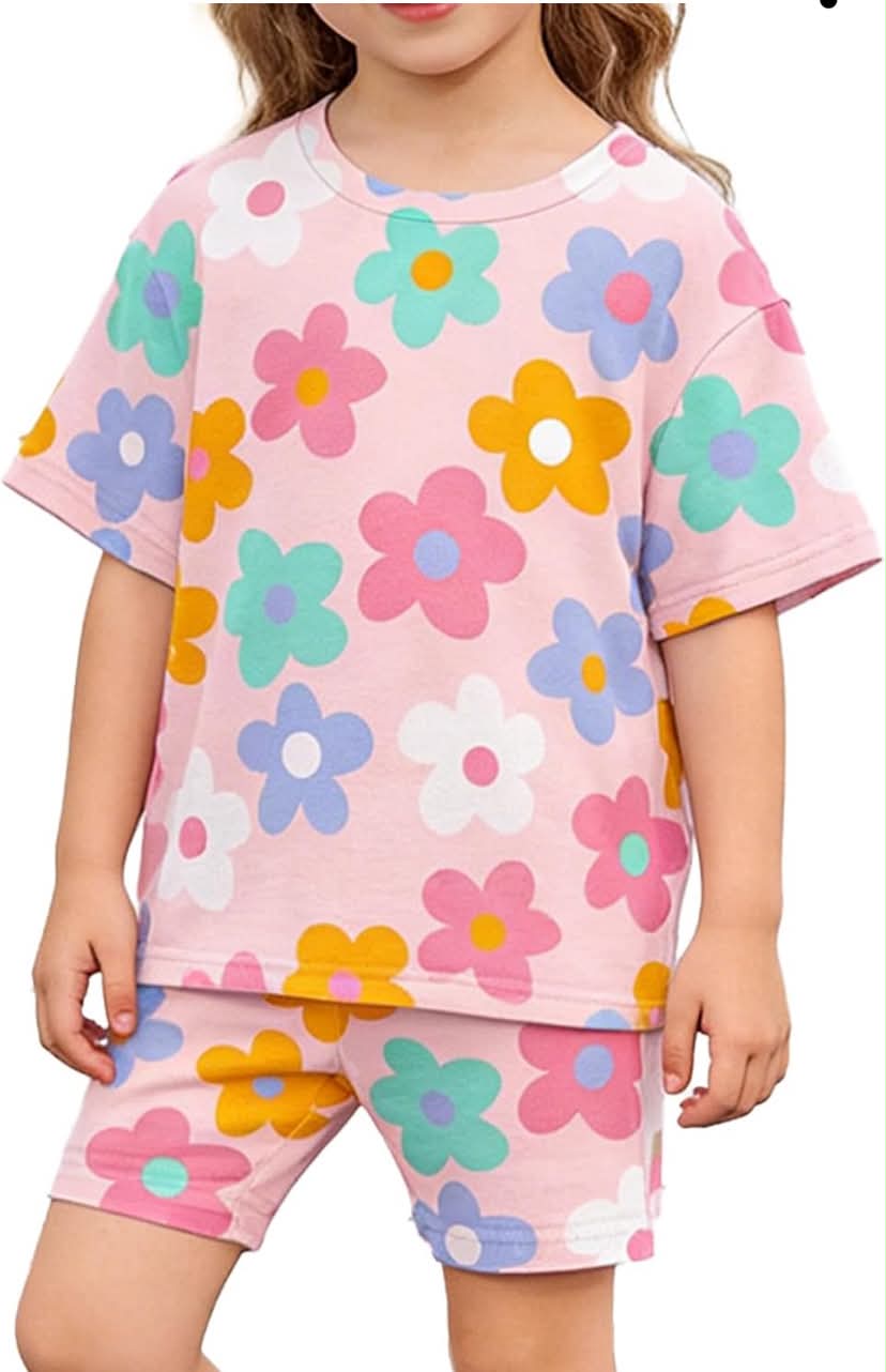 Girls Summer Clothes Set for Toddler Floral Print Short Sleeve T-Shirt + Shorts Kids Cute Causal Outfits