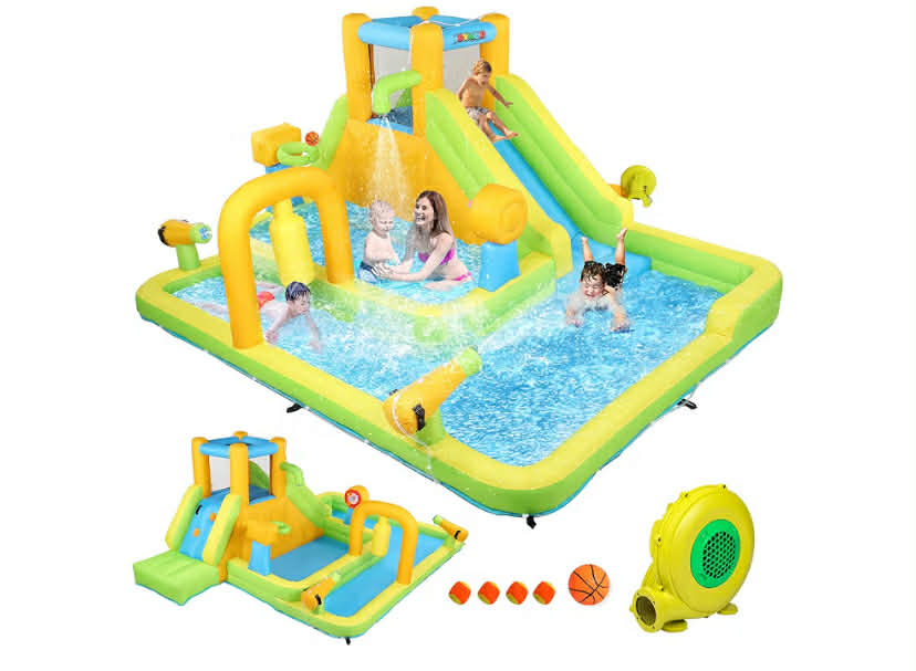 Bonnlo 8-in-1 Bouncy Castle with Blower, Inflatable Water Slide with Deep Pool, Climbing Wall, Obstacle Course, Kids Bouncy Castle for Garden Backyard, 450x300x165cm