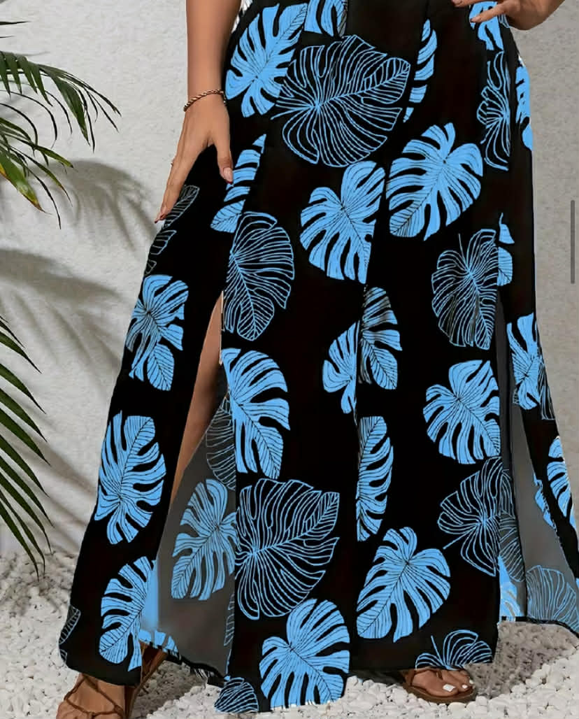 Plus Size Tropical Plant Print Women's Slit Wide Leg Pants