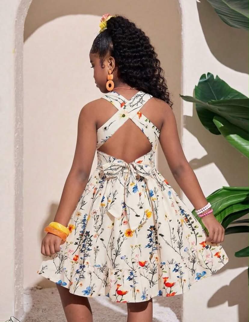 Tween Girls Tropical Plant Print Crisscross Bowknot Decor Waist Cinched Woven Dress