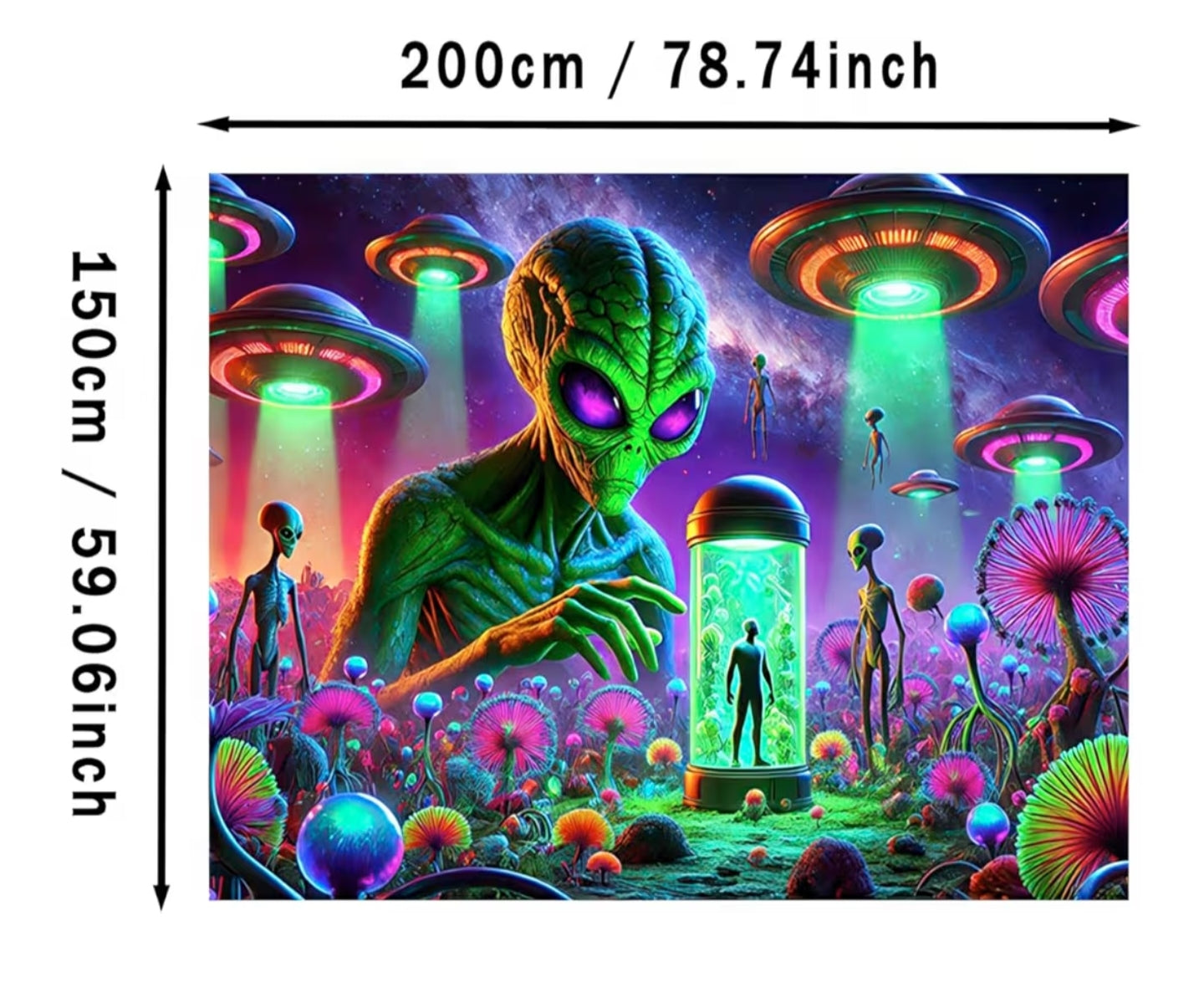 Blacklight Alien Tapestry 78"x51" UV Reactive Alien Abduction