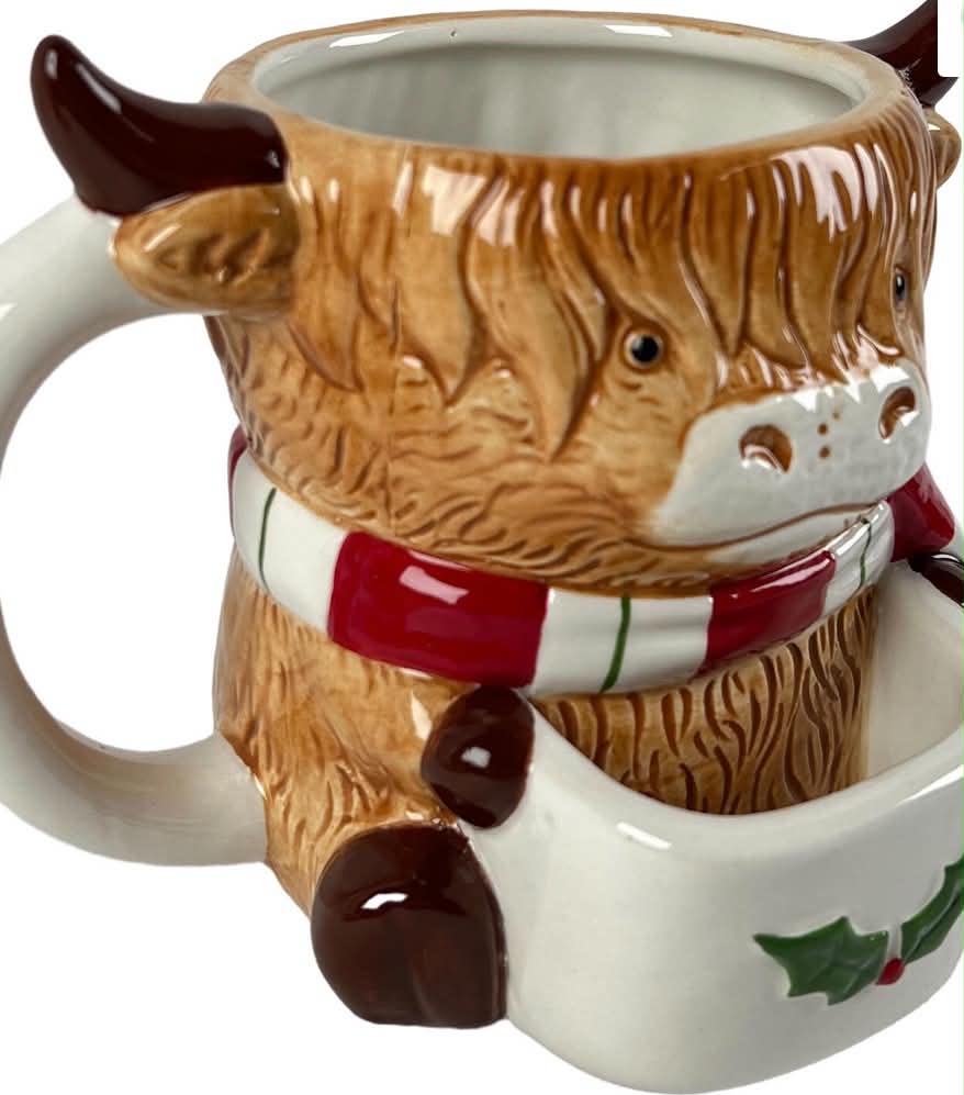 Festive Hand Painted Highland Cow Mug - Brown