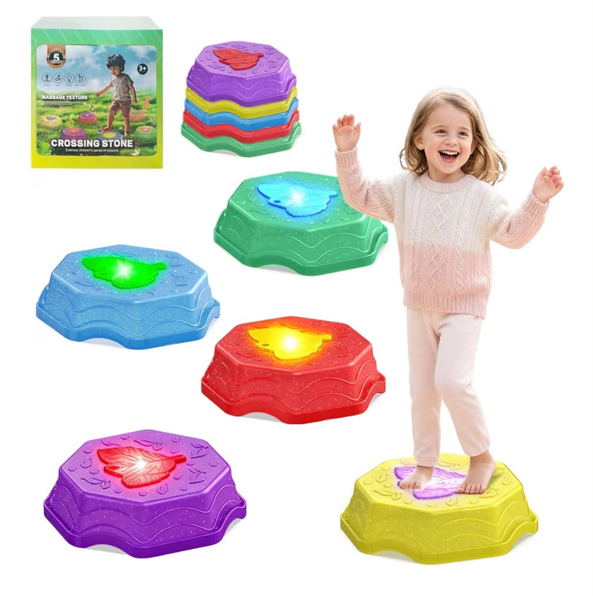 Stepping Stones for Kids with Light & Music,Toddler Sensory Toy for Obstacle Course Coordination,5 Pcs Balance Beams Birthday Gifts for Girls Boys Kids 3+