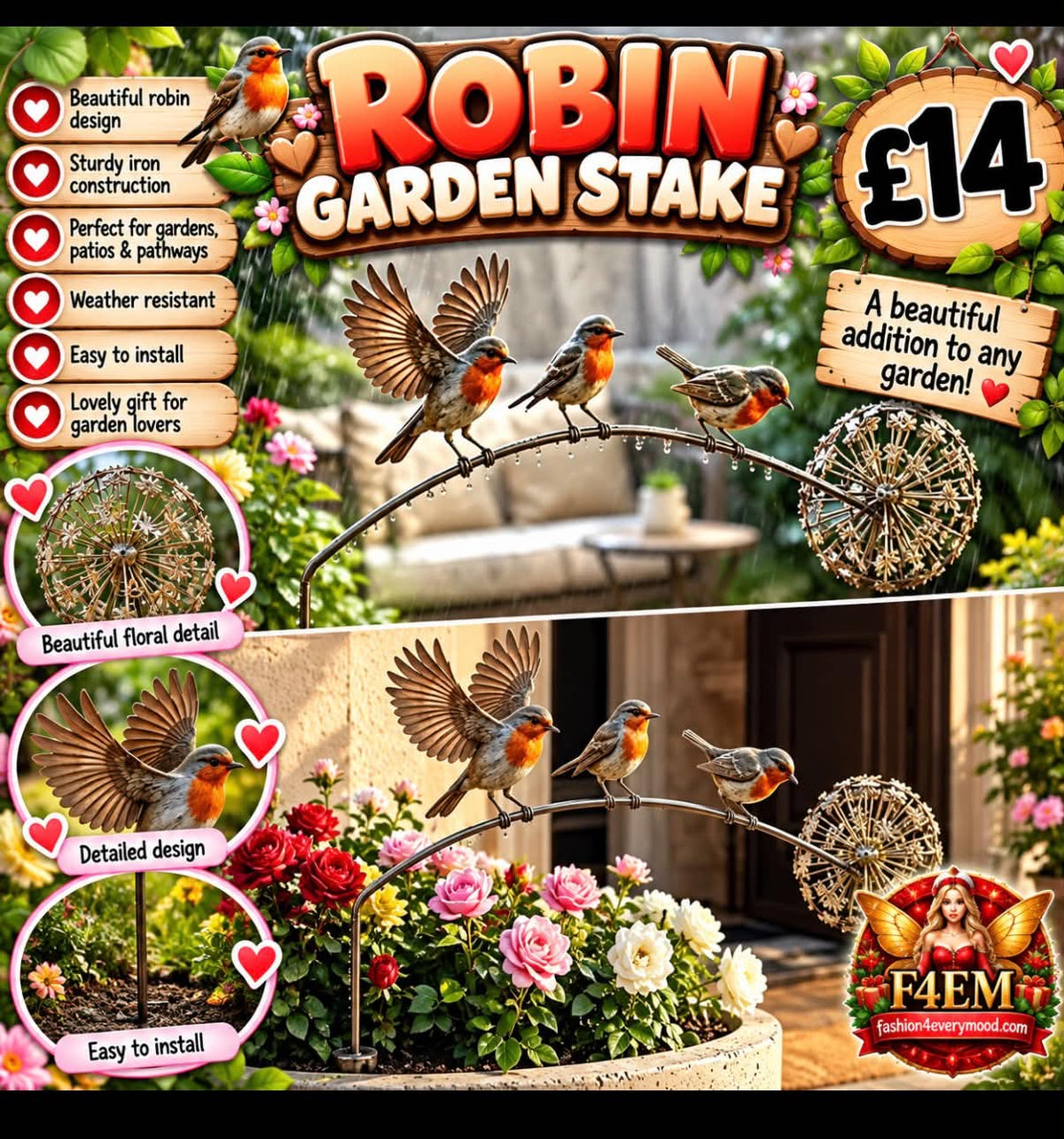 🐦 BEAUTIFUL ROBIN GARDEN STAKE 🐦
