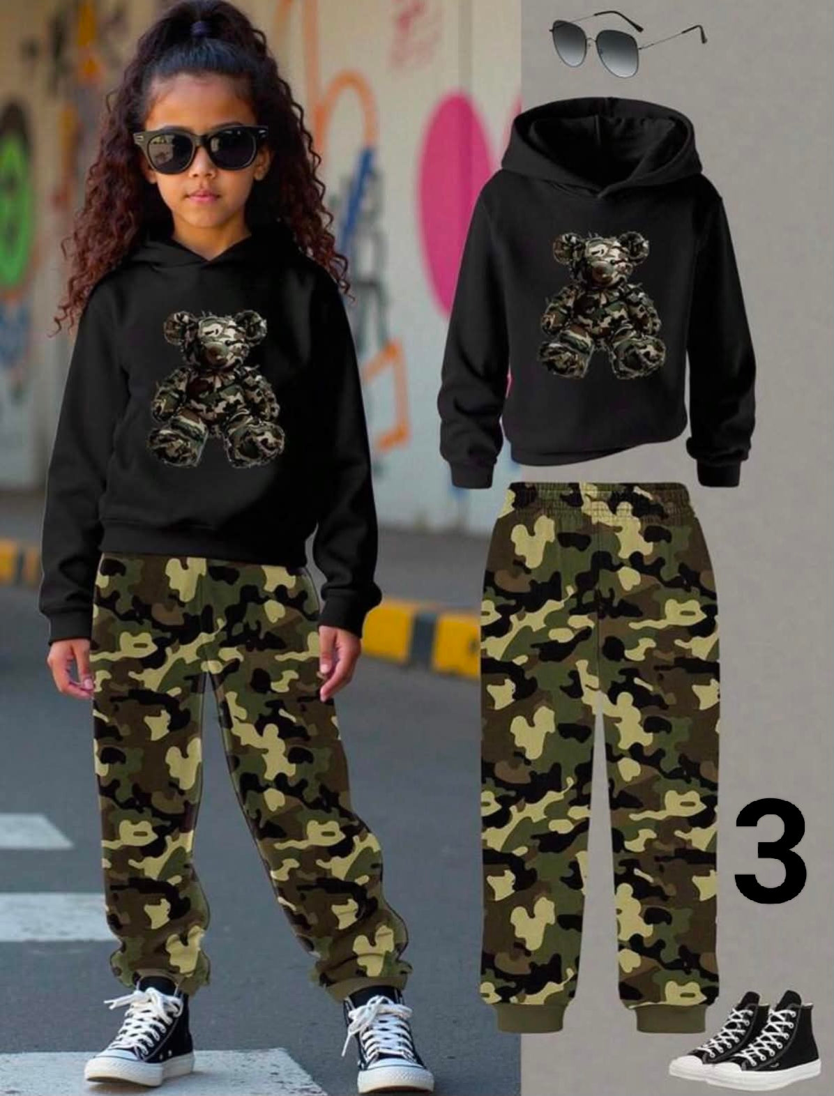 2pcs/Set Young Girl Casual Fashionable Camo Bear Graphic Hoodie & Sweatpants Set,Comfortable Lightweight