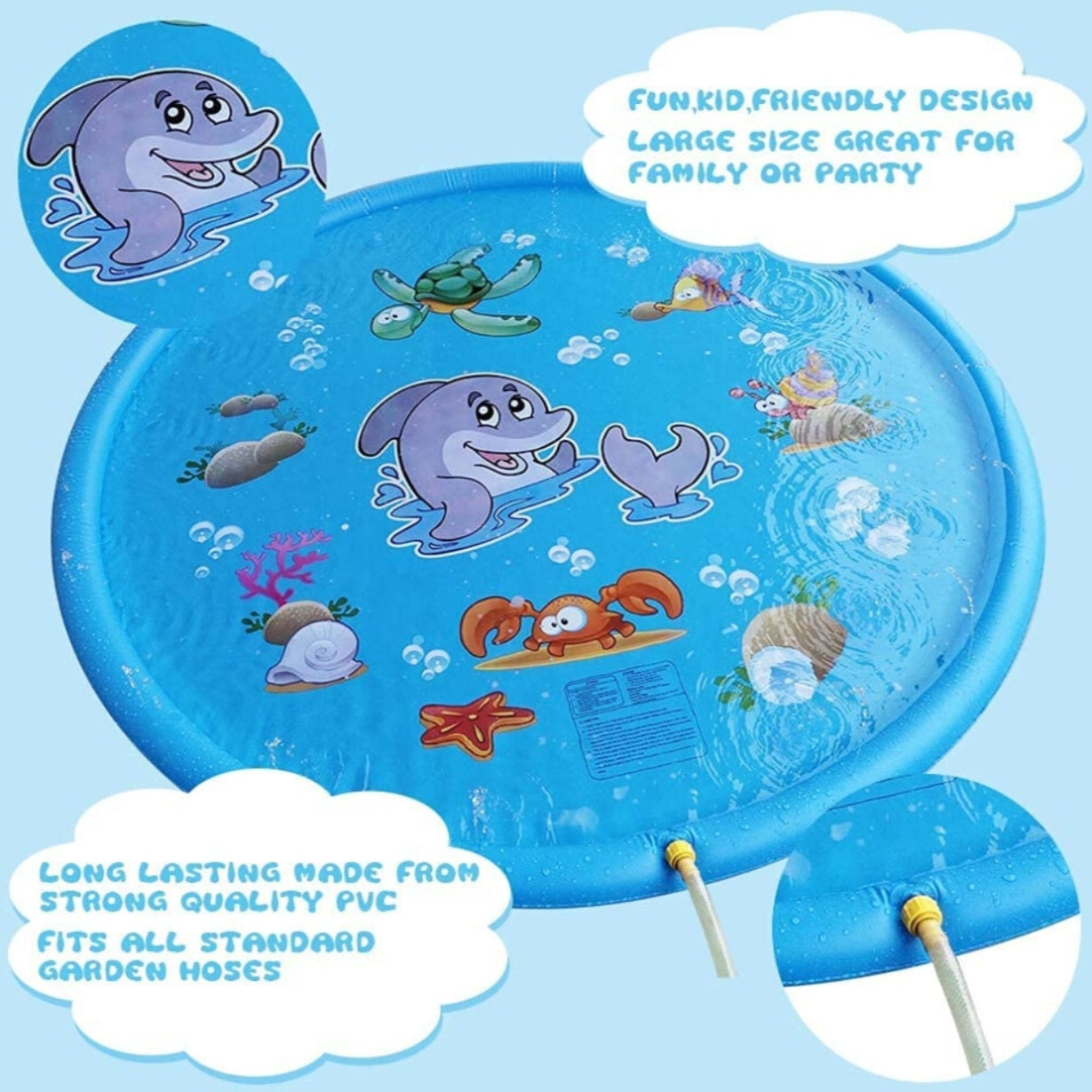 170CM Splash Water Play Mat Dolphin Tortoise Starfish Shell Crab Pattern Sprinkler Pad Summer Garden Outdoor Spray Water Toys for Kids Pets